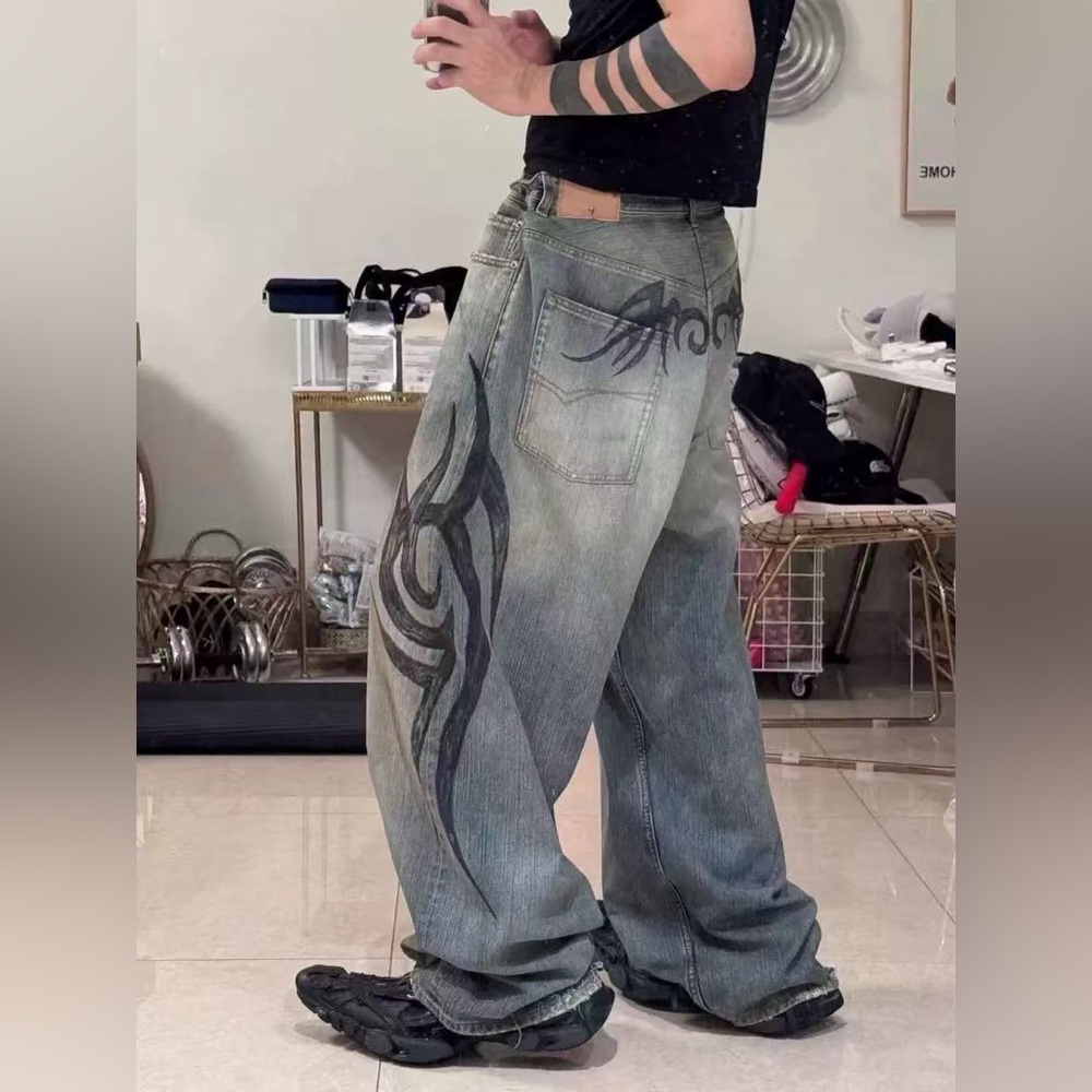 Men Knee Baggy Pants graphic denim black tribal artwork print 34 tattoo pattern‎